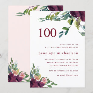 Wunderschöne Wasserfarbe Floral 100. Geburtstag Einladung
