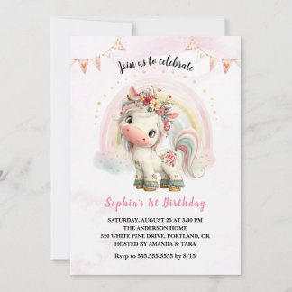 Wunderschöne Wasserfarbe Floral Einhorn Geburtstag Einladung