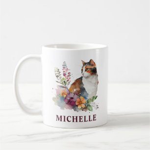 Wunderschöne Wasserfarbe Trickatze und Blumen Kaffeetasse