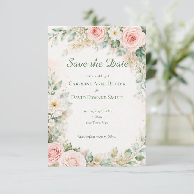 Wunderschöne wasserfarbene gemalte Rosen Save-the- Save The Date (Stehend Vorderseite)