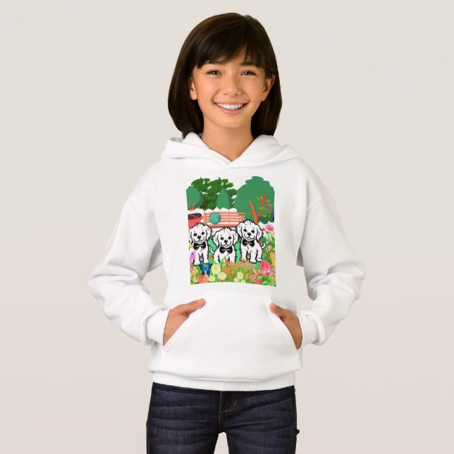 Wunderschöne weiße Welpen umgeben von Blume Park Hoodie (Vorne ganz)