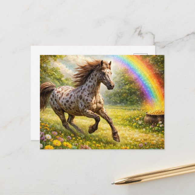 Wunderschöner Appaloosa am Regenbogen Postkarte (Vorderseite/Rückseite Beispiel)