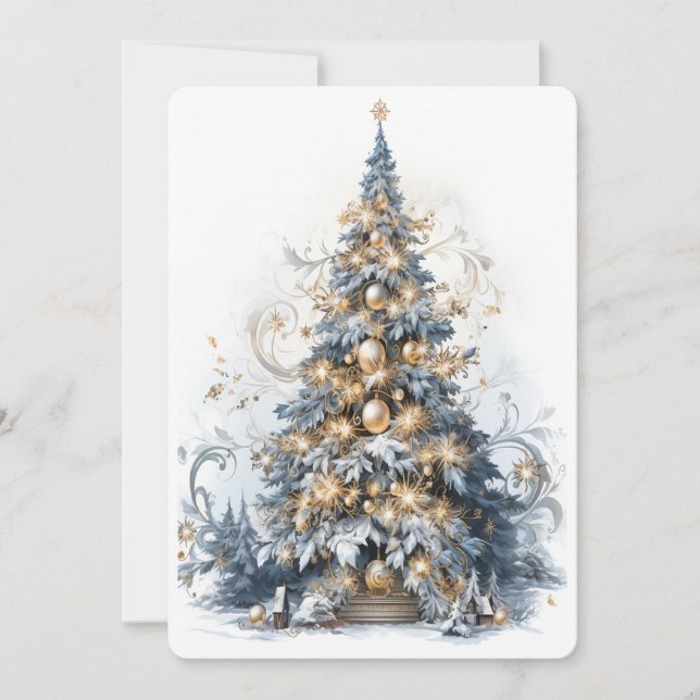 Wunderschöner Blauer und goldener Weihnachtsbaum Feiertagskarte (Vorderseite)