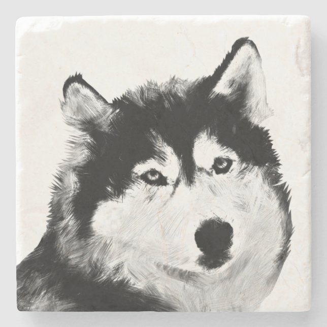Wunderschöner Blk & Wht sibirischer Husky-Marmor-U Steinuntersetzer (Vorderseite)