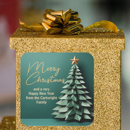 Wunderschöner Grün-Gold-Frohe Weihnachtsbaum Party Quadratischer Aufkleber