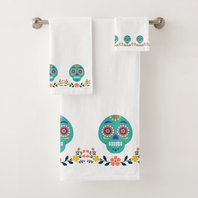 Wunderschöner, moderner Bonbonschädel Blau Rosa We Badhandtuch Set (Insitu)