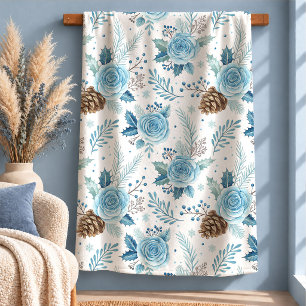 Wunderschöner Navy-Winterblumen-Tannenzapfen-Decke Sherpadecke