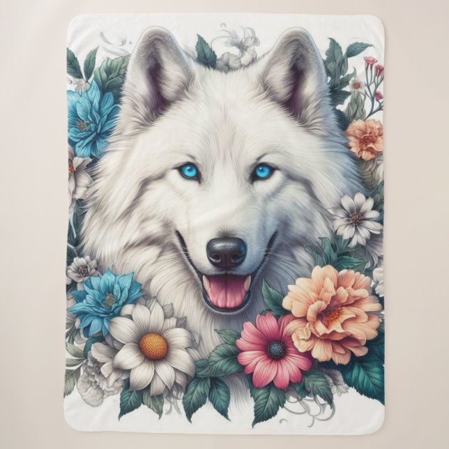 Wunderschöner Weißer Wolfshund mit Blume Sherpadecke (Vorderseite)