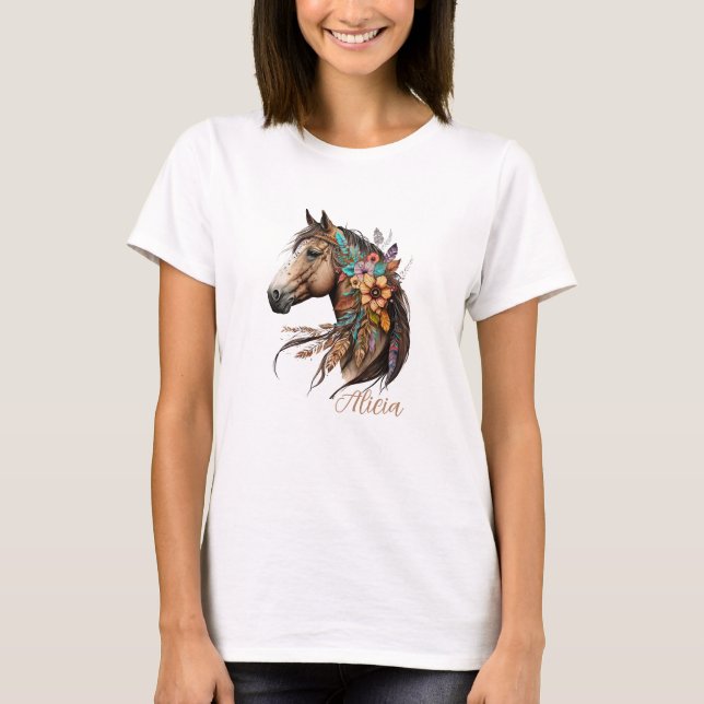 Wunderschönes Bay-Pferd T-Shirt mit Namen (Vorderseite)