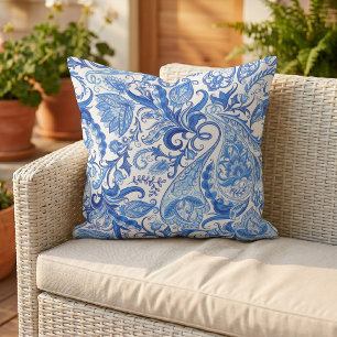 Wunderschönes blau-weißes florales Paisley-Muster Kissen