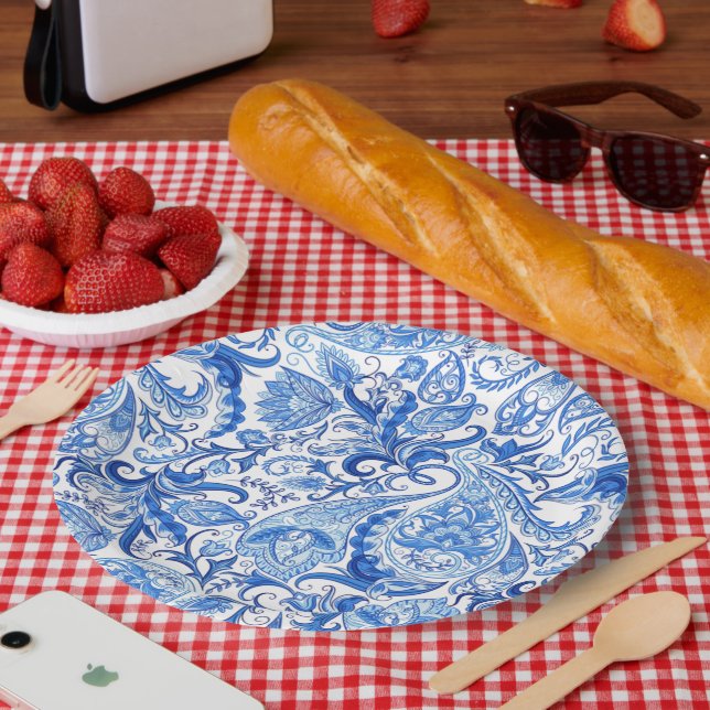 Wunderschönes blaues Floral Paisley Kunstmuster Pappteller (Picknick)