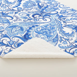 Wunderschönes blaues, weißes, blumengeschmücktes M Sherpadecke