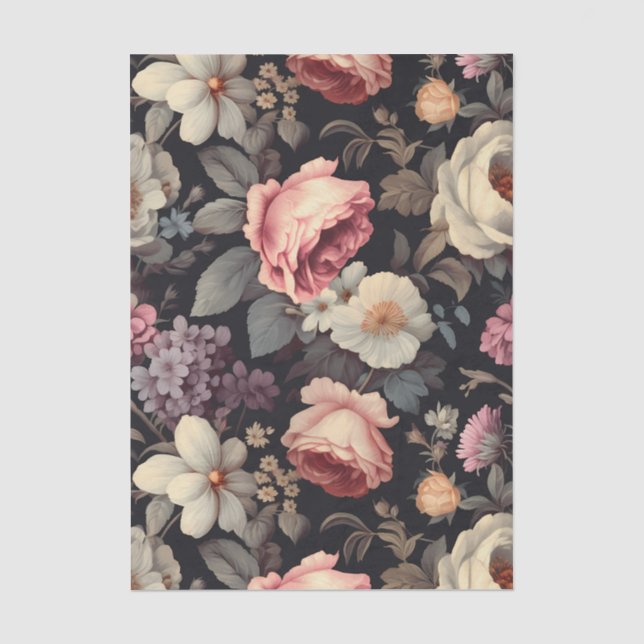 Wunderschönes Blumenmuster auf dunklem Hintergrund Seidenpapier (Vorderseite)