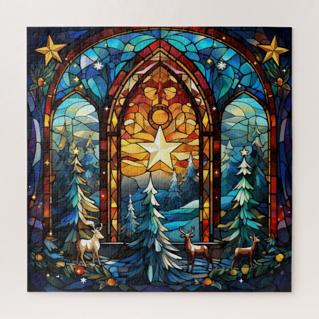 Wunderschönes Buntglas Winter im Wald Puzzle (Vertikal)