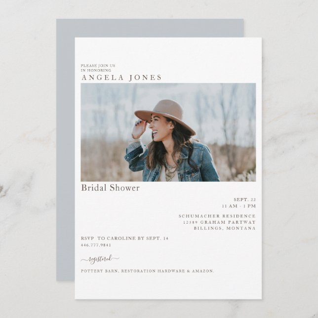 Wunderschönes Dusty Blue Modern Foto Brautparty Einladung (Vorne/Hinten)