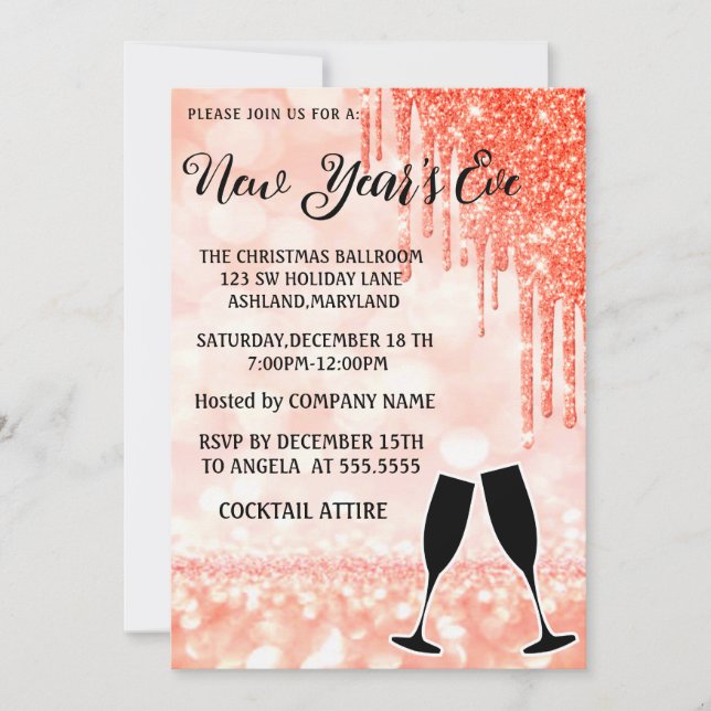 Wunderschönes, elegantes, rosa Neujahrsglas Einladung (Vorderseite)