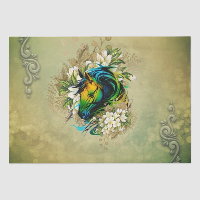 Wunderschönes, farbenfrohes Pferd mit Blume Seidenpapier (Vorderseite)