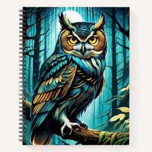 Wunderschönes, gekröntes Owl mit Bäumen und Vollmo Notizbuch