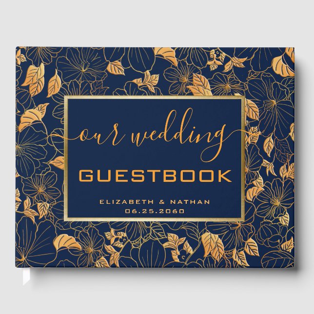 Wunderschönes Gold Floral Navy Blue Wedding Gästeb Gästebuch (Vorderseite)