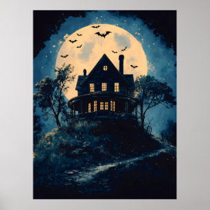 Wunderschönes Haus auf einem Hügel, Halloween-Konz Poster