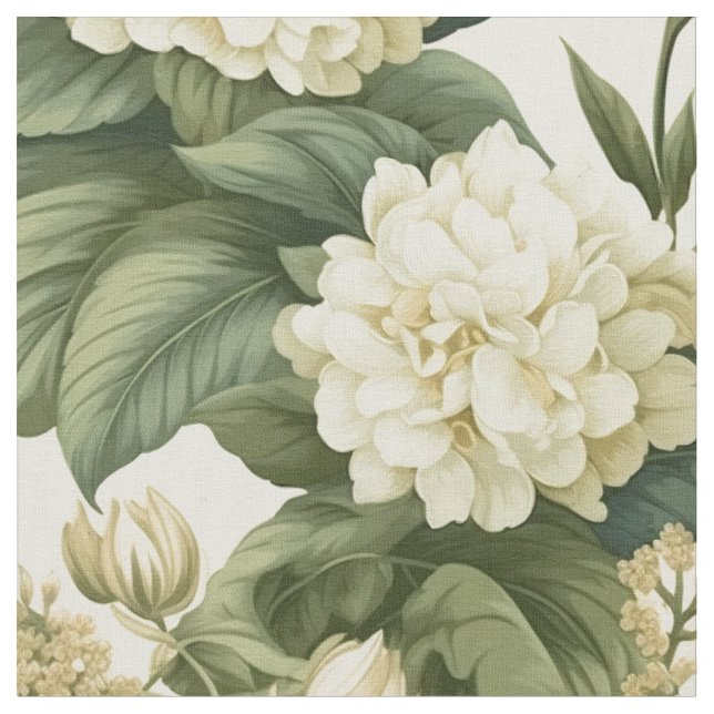 Wunderschönes klassisches, weißes Olivenblumenmust Stoff (Nahaufnahme)