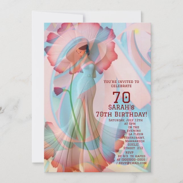 Wunderschönes Mädchen in Blumenkleid 70. Geburtsta Einladung (Vorderseite)