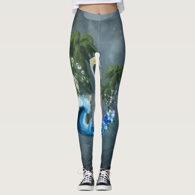 Wunderschönes Pelikan mit Wellen und Palmen Leggings (Vorderseite)