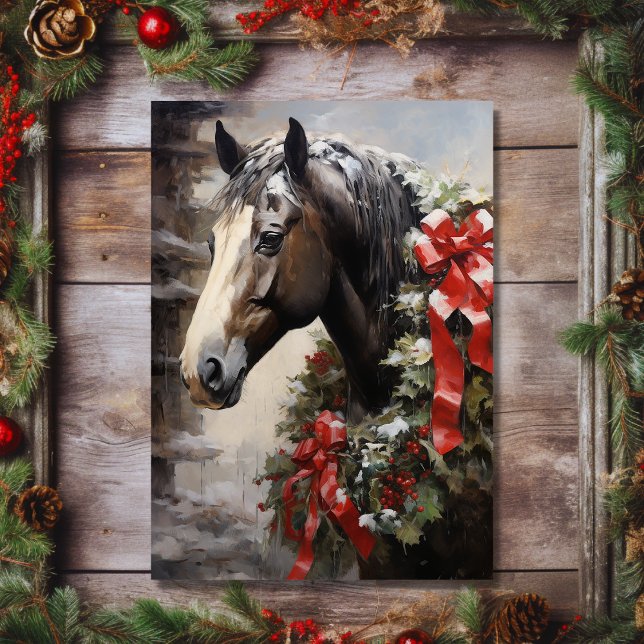 Wunderschönes Pferd mit Karettfest Weihnachten (Front - Beautiful Horse with Winter Wreath Christmas Holiday Card)