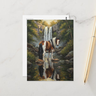 Wunderschönes Pinto-Pferd am Wasserfall Postkarte