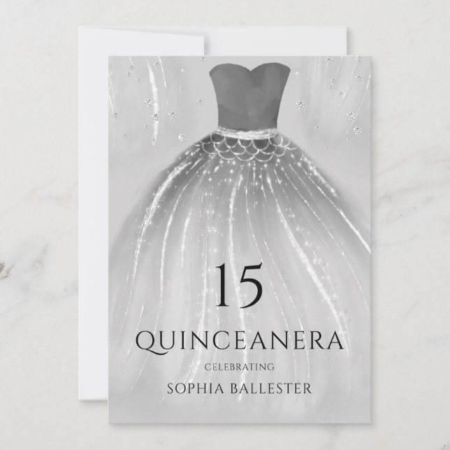 Wunderschönes Silver Mermaid Dress Quinceanera Par Einladung (Vorderseite)