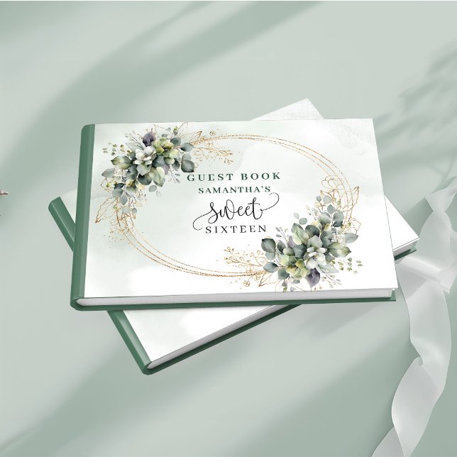 Wunderschönes Sweet 16 salbeigrünes Boho-Blumen-Gä Gästebuch (Gorgeous Sweet 16 sage green boho floral guest book)