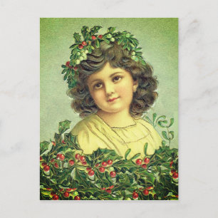 Wunderschönes Vintage-Mädchen mit Stechpalme und E Postkarte