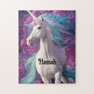 Wunderschönes weißes Einhorn mit Türkis und Lila Puzzle