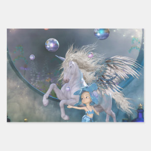 Wunderschönes weißes Einhorn mit wenig Fee Geschenkpapier Set