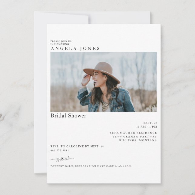 Wunderschönes weißes, modernes Foto Brautparty Einladung (Vorderseite)