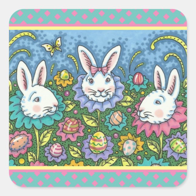 WUNSCH EASTER EGG GARTEN, BUNNY RABBIT BLUME QUADRATISCHER AUFKLEBER (Vorderseite)