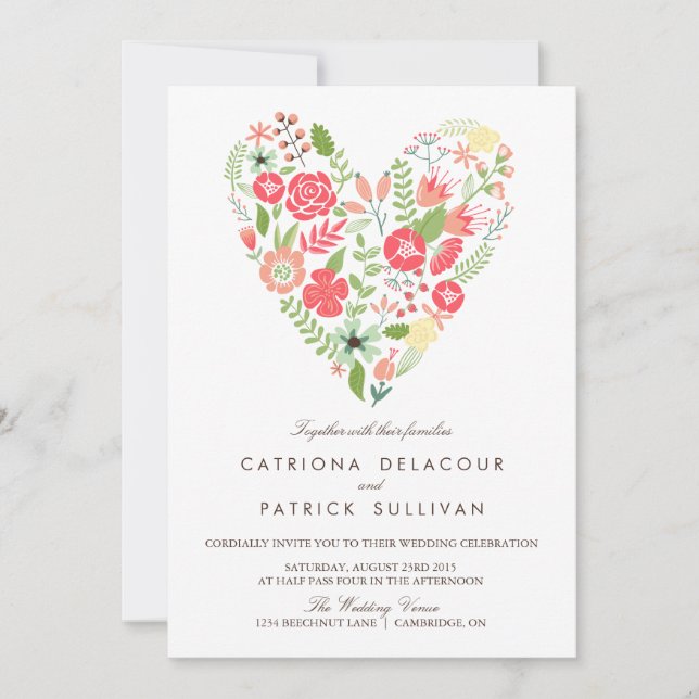 WUNSCH SPRING FLORAL HEART WEDING INVITATION EINLADUNG (Vorderseite)