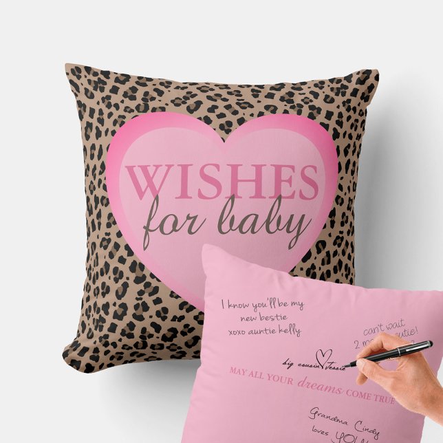 Wünsche für Autogrammkissen für die Unterschrift v Kissen (Leopard Baby Shower Wishes for Baby Advice Pillow. Buy a fabric marker and have your guests sign!)