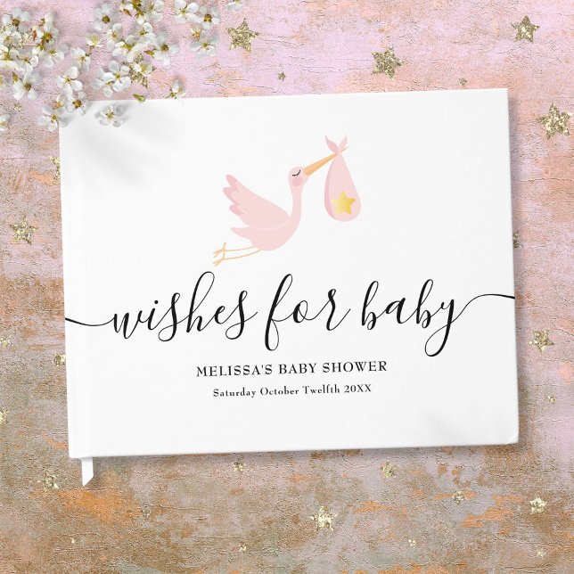 Wünsche für Baby Girl Pink Stork Star Baby Dusche Gästebuch (Wishes for Baby Girl Pink Stork Star Baby Shower Guest Book)