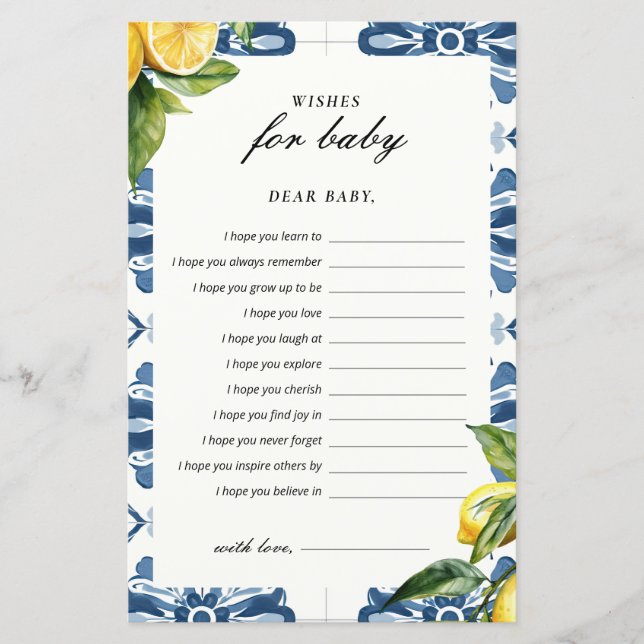 Wünsche für Baby Lemon Positano Baby Shower Game (Vorderseite)