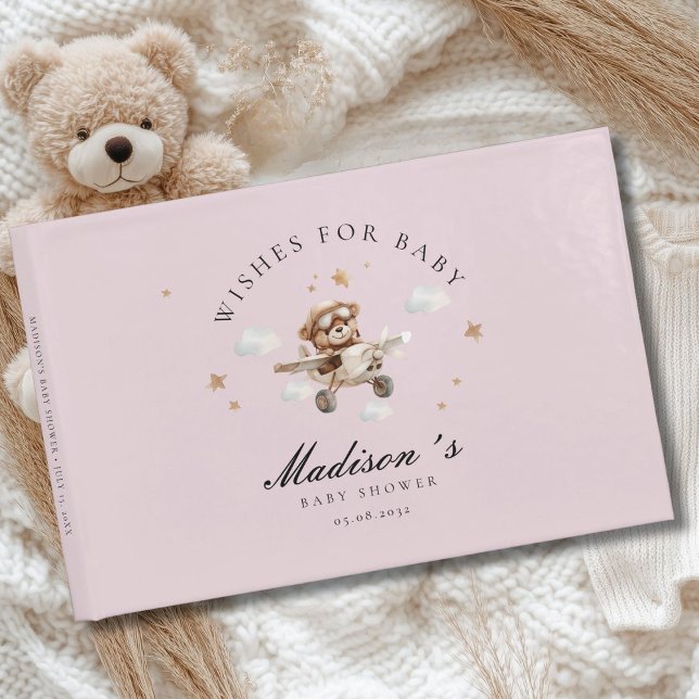 Wünsche für Baby! Teddy Bear & Airplane Gästebuch (Personalized "Wishes for Baby!" Baby Shower, Soft-Pink Guest Book. For Baby Girl.)