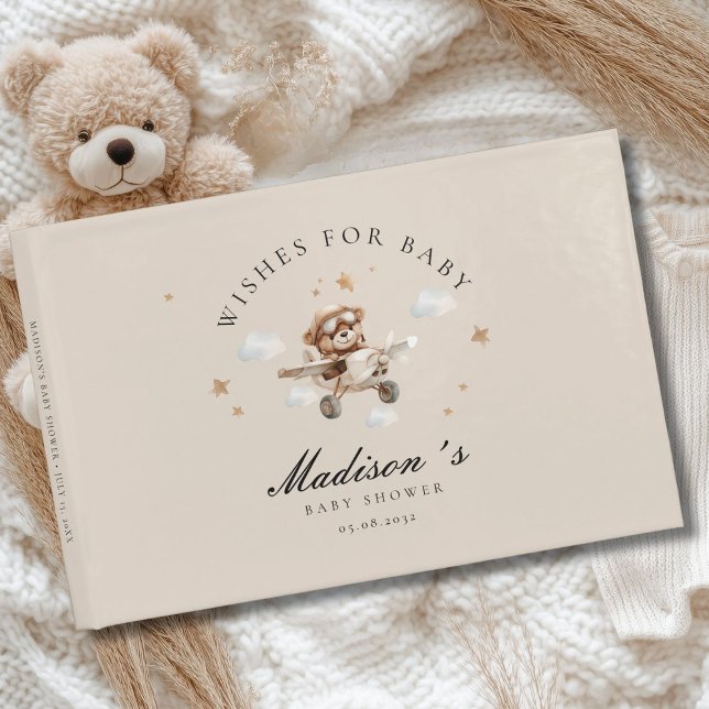 Wünsche für Baby! Teddy Bear & Airplane Gästebuch (Personalized "Wishes for Baby!" Baby Shower, Beige Guest Book. For Baby Boy and Girl.)