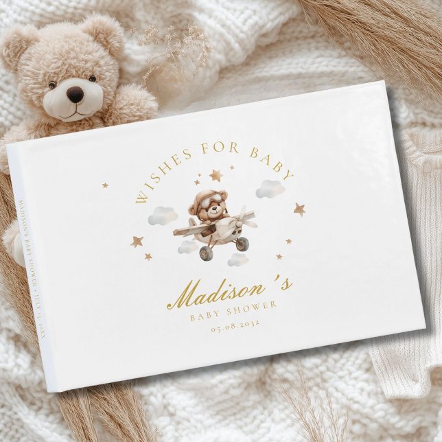 Wünsche für Baby! Teddy Bear & Airplane Gästebuch (Personalized "Wishes for Baby!" Baby Shower, White Guest Book. For boy and girl.)
