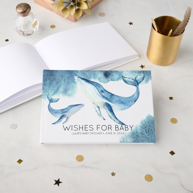 Wünsche für Baby | Whales-Babydusche Gästebuch (Vorderseite Offen)