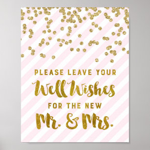 Wünsche für Mr. & Mrs. Wedding Sign Pink Gold Stre Poster