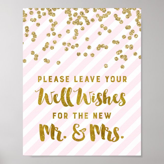 Wünsche für Mr. & Mrs. Wedding Sign Pink Gold Stre Poster (Vorne)