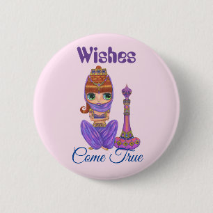 Wünsche Kommen Sie Lila Genie Girl Magic Flasche Button