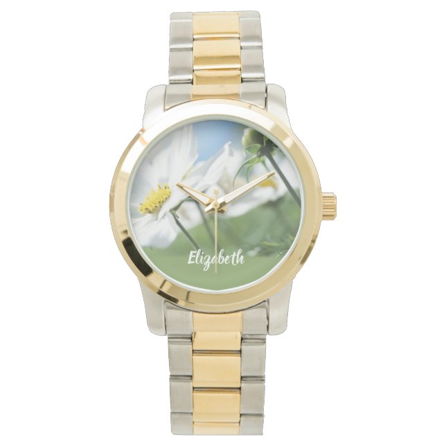 Wünsche mit White Daisies Personalisiert Armbanduhr (Vorderseite)
