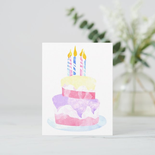 Wünsche | Watercolor Happy Birthday Cake Postkarte (Stehend Vorderseite)