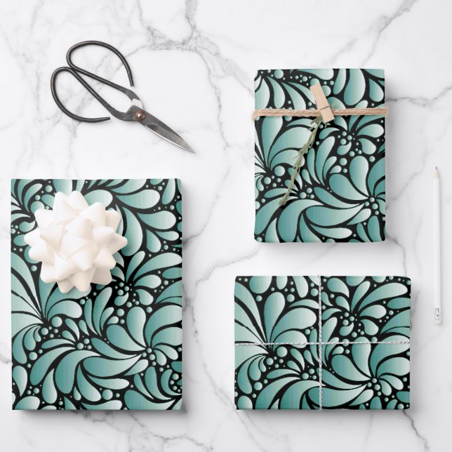 Wünschen Fleur-Muster in Minty Green Geschenkpapier Set (Vorderseite)